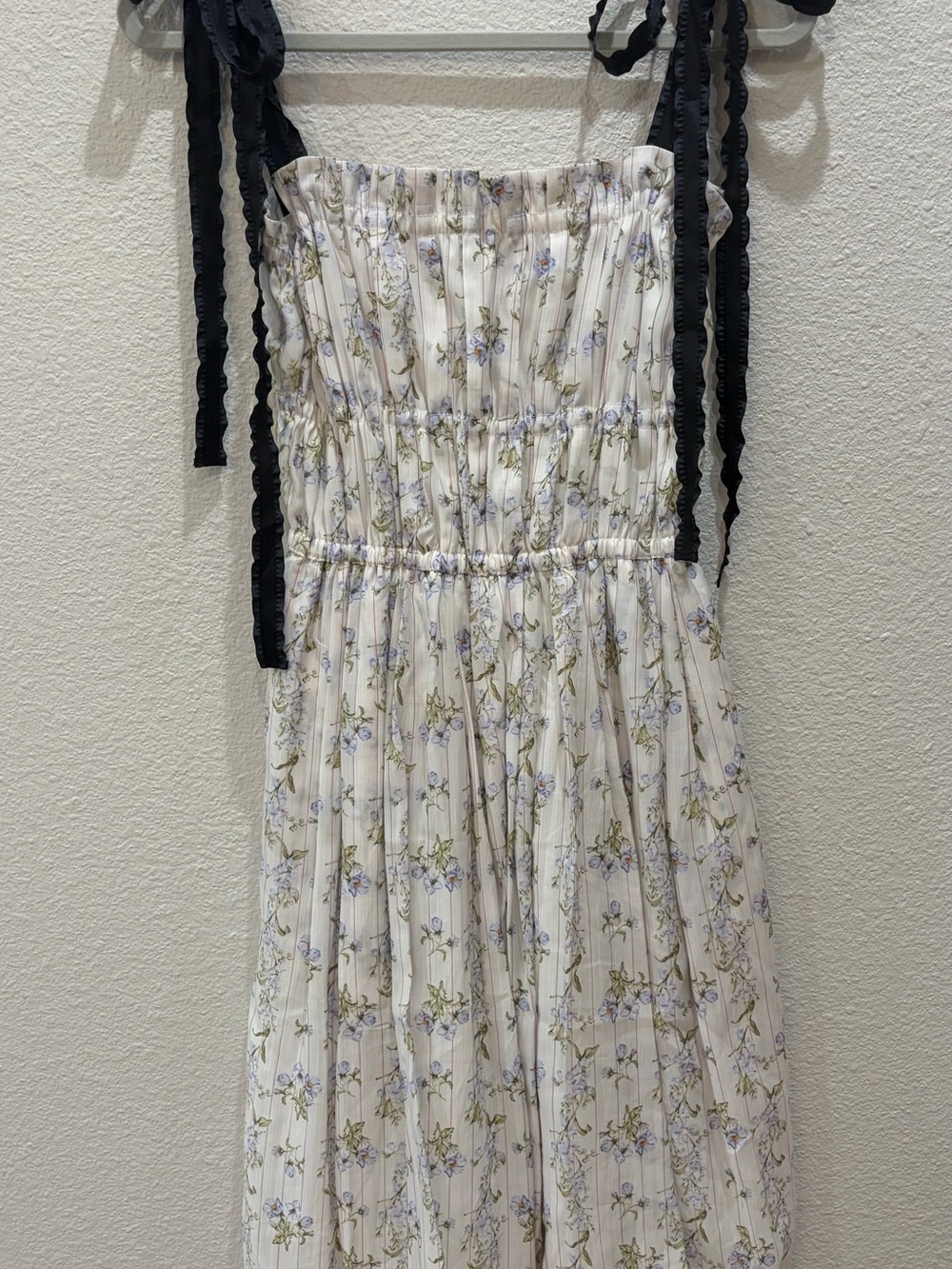NWOT Brock Collection & H&M White Floral Smocked Dress with Black Tie Detail